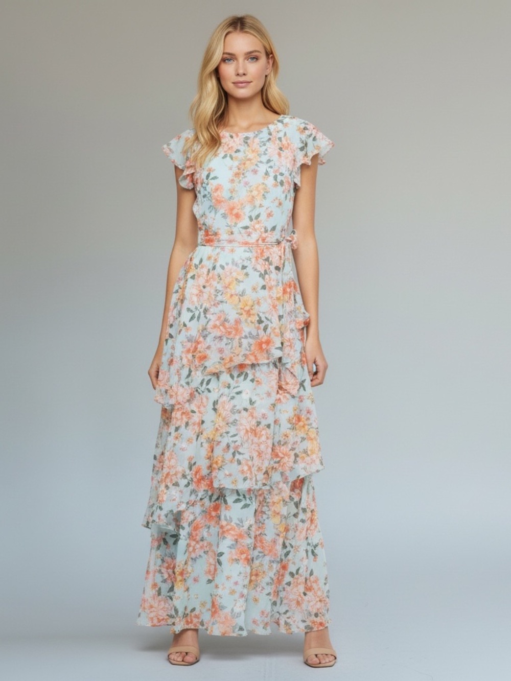 Orange Floral Tiered Ruffle Flutter Sleeve Tie Waist Occasion Maxi Dress By R&K